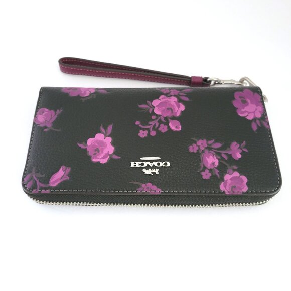 Coach CCL36 Long Zip Around Wallet Floral Print Pebbled Leather Black Purple - Picture 6 of 7